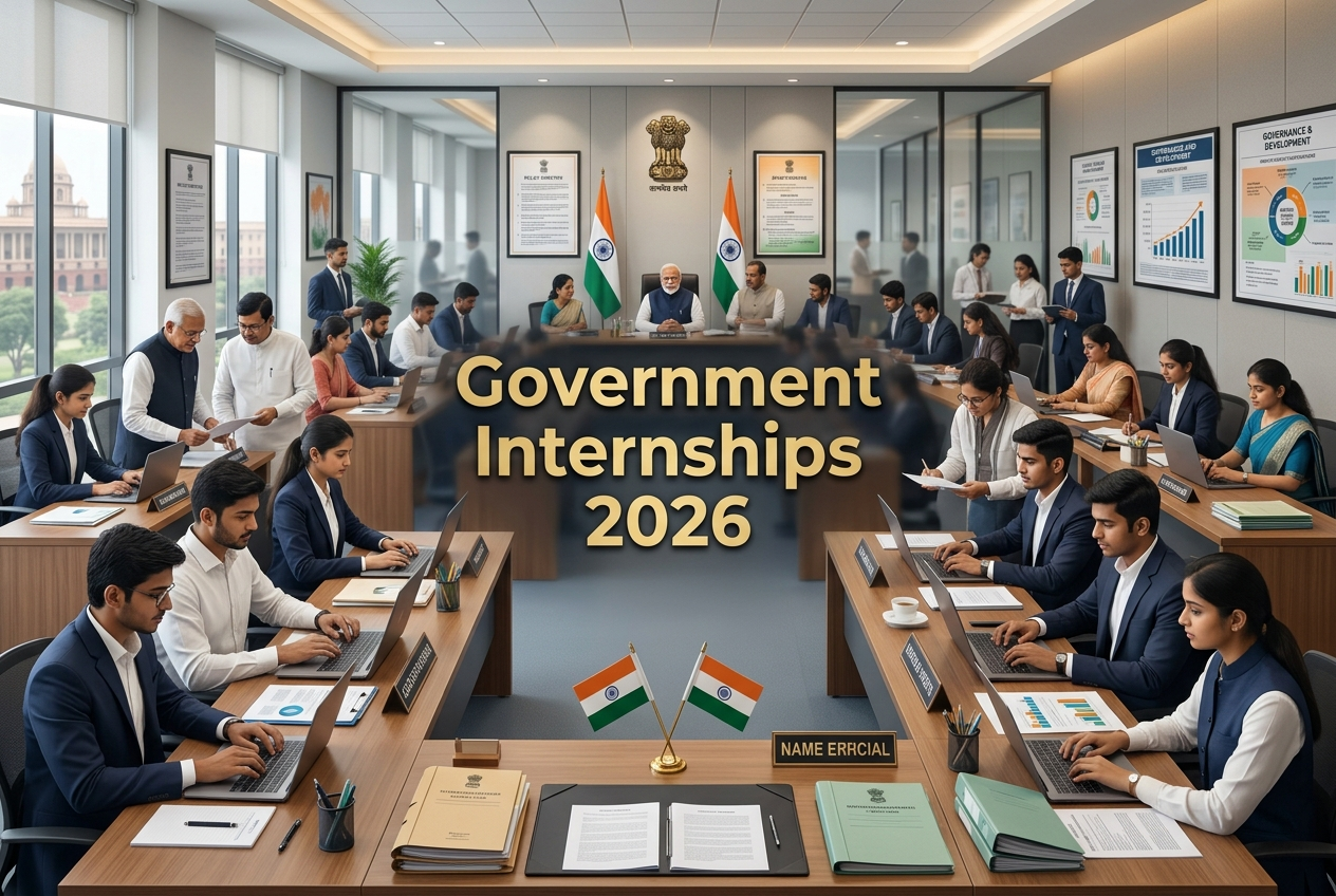 Students working with government officials in a professional office setting representing government internships students India 2026