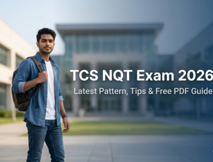 TCS NQT Exam 2026 banner with college student and campus background