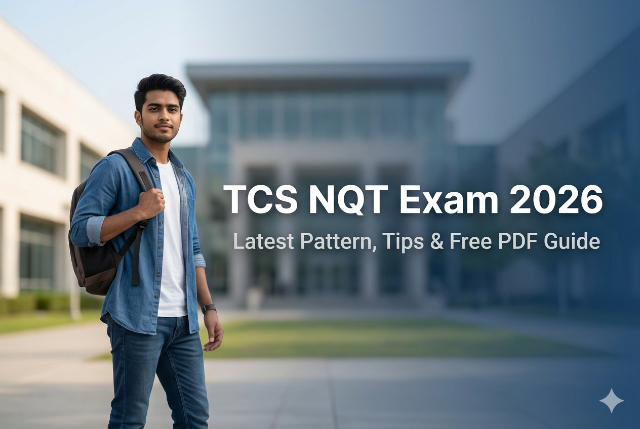 TCS NQT Exam 2026 banner with college student and campus background