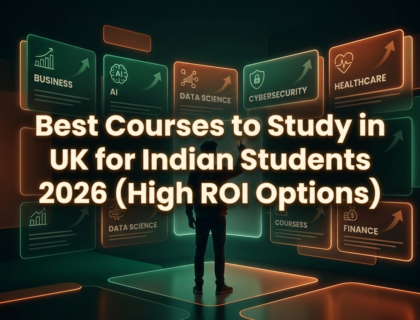 Futuristic career planning scene showing a student selecting glowing course pathways like AI, business, and data science from an interactive digital wall representing high ROI study options.