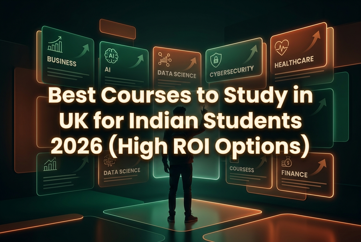 Futuristic career planning scene showing a student selecting glowing course pathways like AI, business, and data science from an interactive digital wall representing high ROI study options.