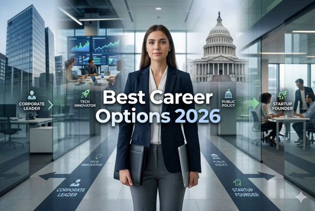 Graduate choosing between multiple career paths in a professional environment representing best career options after graduation 2026