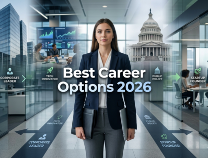 Graduate choosing between multiple career paths in a professional environment representing best career options after graduation 2026