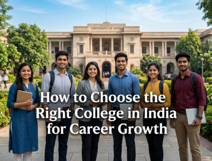 Students choosing the right college in India for career growth standing in front of a modern university campus