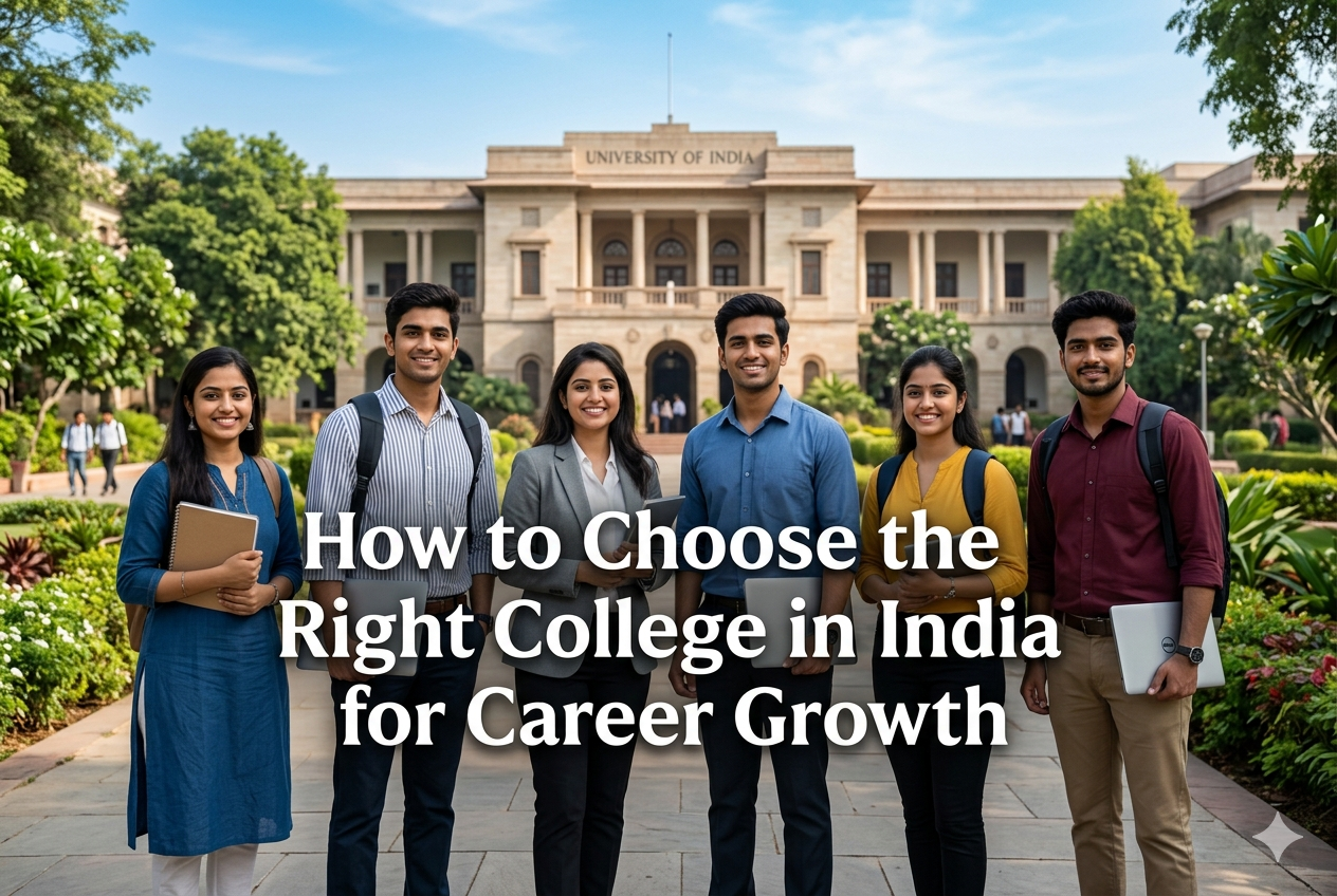 Students choosing the right college in India for career growth standing in front of a modern university campus