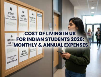 Indian student reviewing a structured cost breakdown board in a UK campus residential hallway showing rent, food, transport, and utility expenses for studying in the UK.
