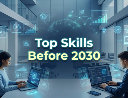 Top skills before 2030 with AI, coding and future learning concept