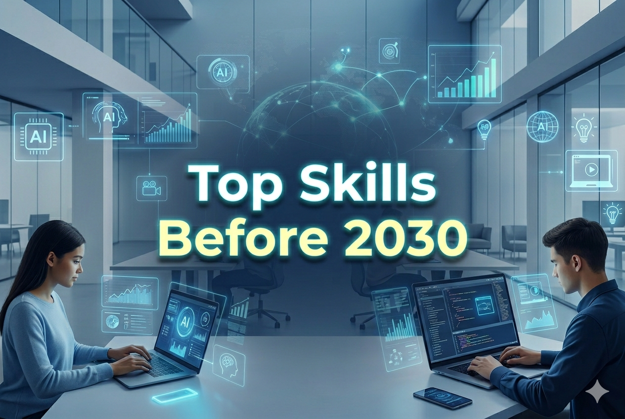 Top skills before 2030 with AI, coding and future learning concept
