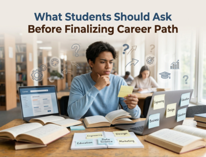 Student analyzing career options on a laptop with notes and flowcharts, thoughtfully planning future career path in a clean and organized study environment