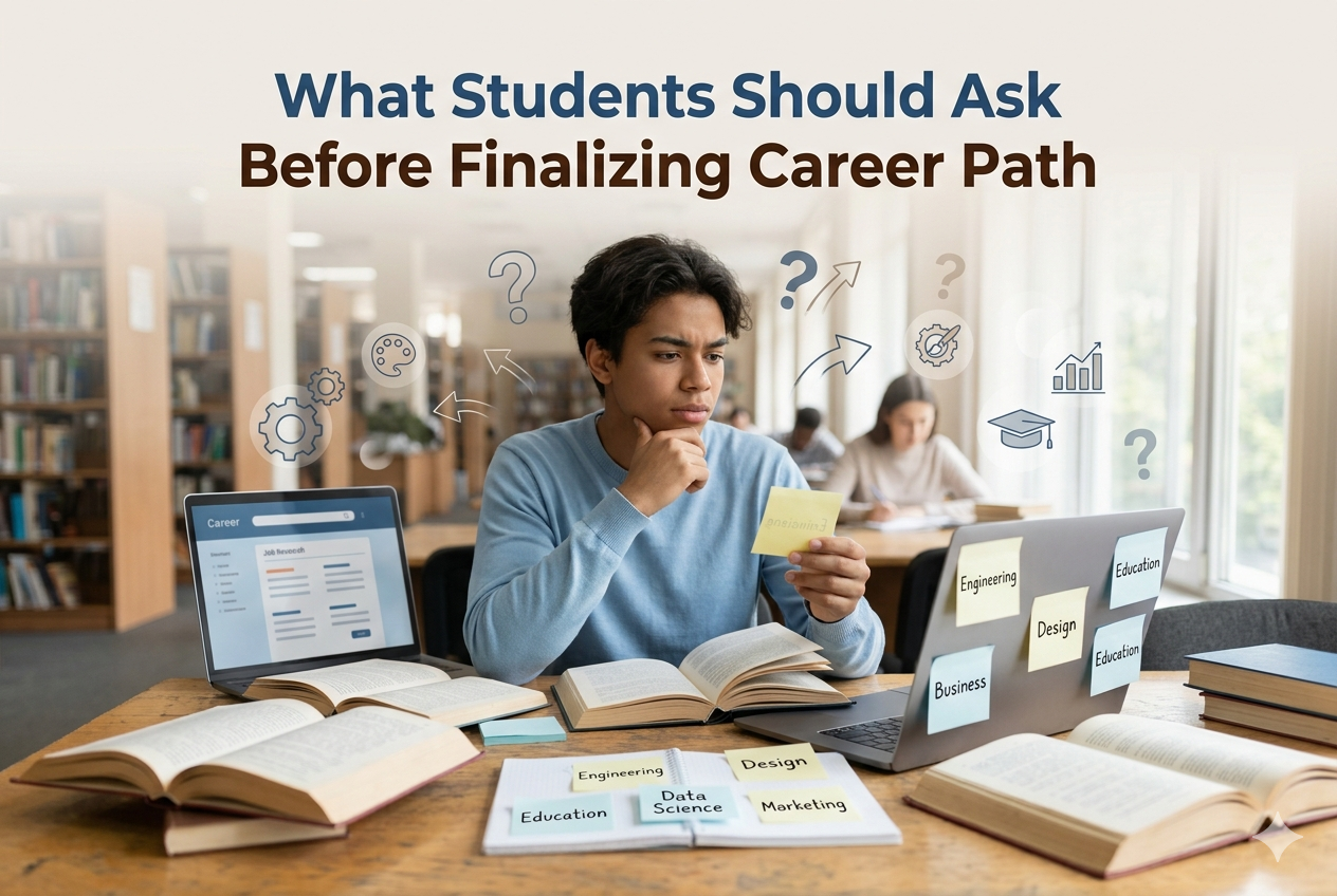 Student analyzing career options on a laptop with notes and flowcharts, thoughtfully planning future career path in a clean and organized study environment