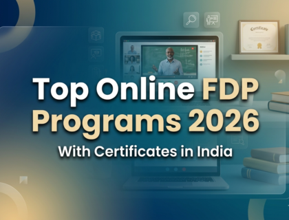 Online FDP programs India 2026 banner showing virtual training, faculty, and certification concept