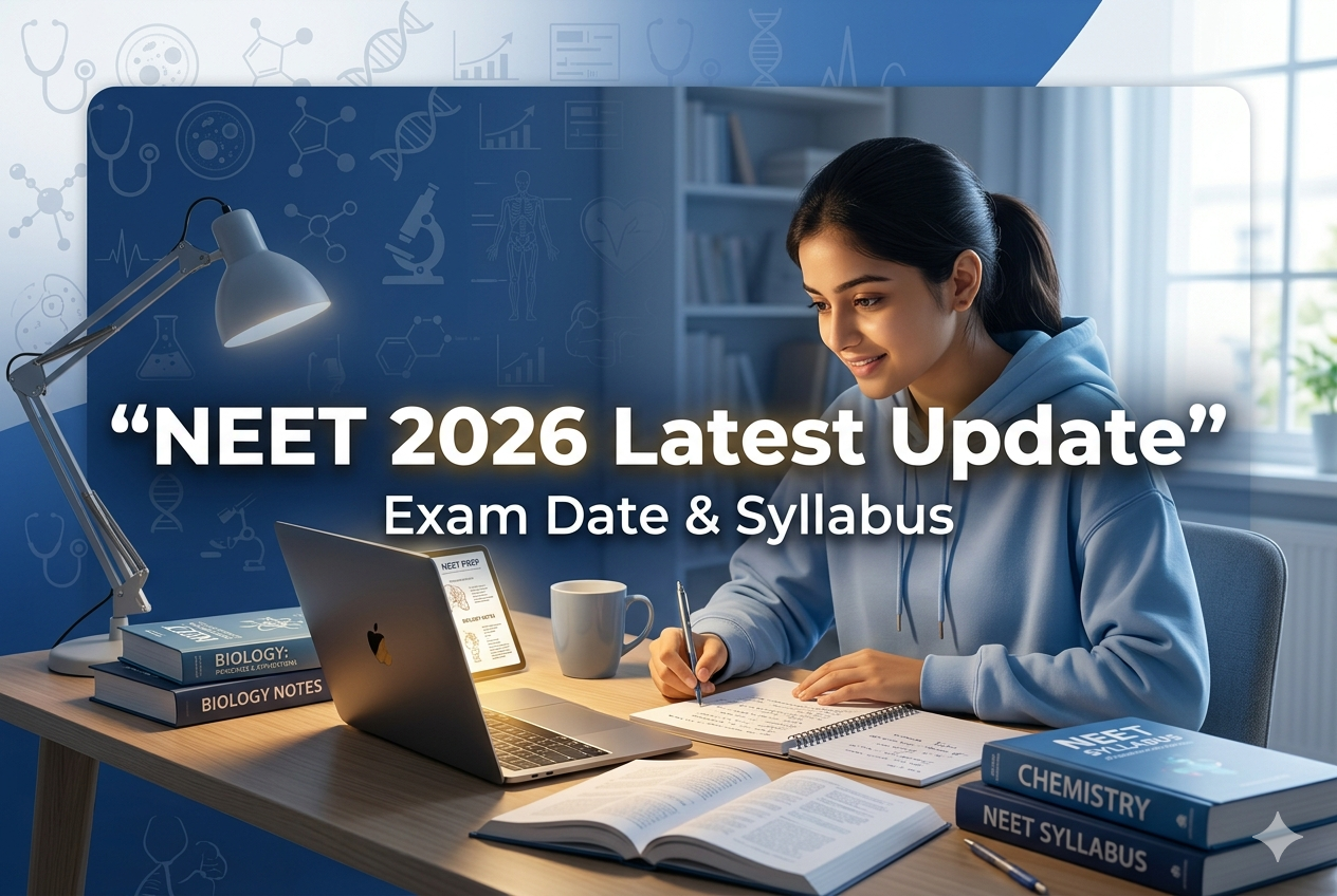 NEET 2026 latest update exam date and syllabus banner with student studying