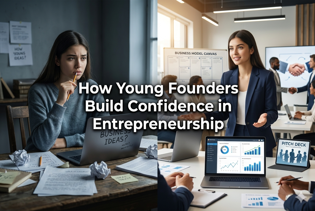 Split scene showing a student transitioning from self-doubt to a confident young entrepreneur working in a modern startup environment with business charts and organized workspace