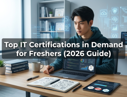 Fresher learning IT certifications on laptop with coding screen in a professional workspace environment