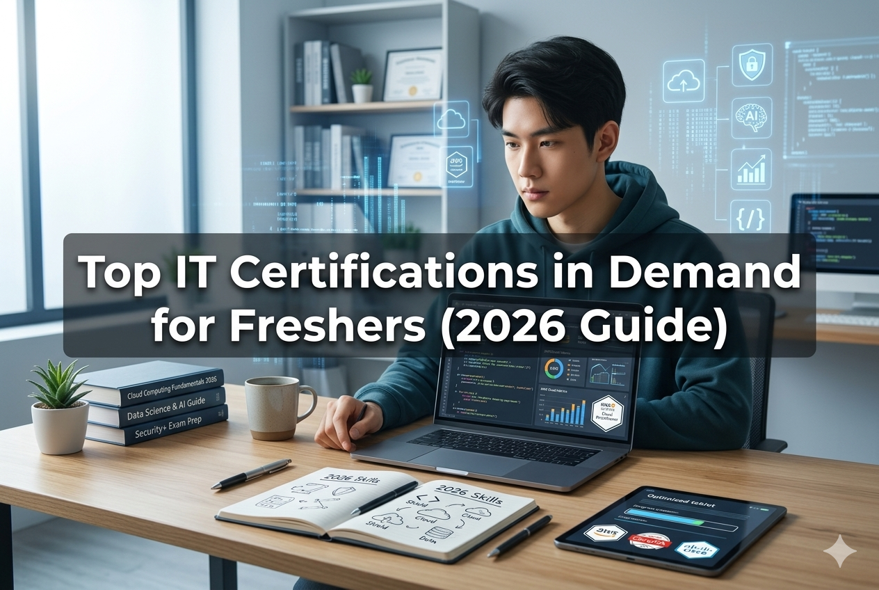 Fresher learning IT certifications on laptop with coding screen in a professional workspace environment