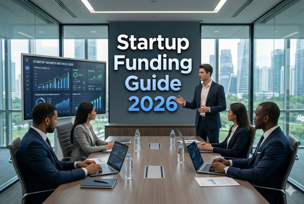 Entrepreneur pitching startup idea to investors in a professional meeting representing how to get funding for startup 2026