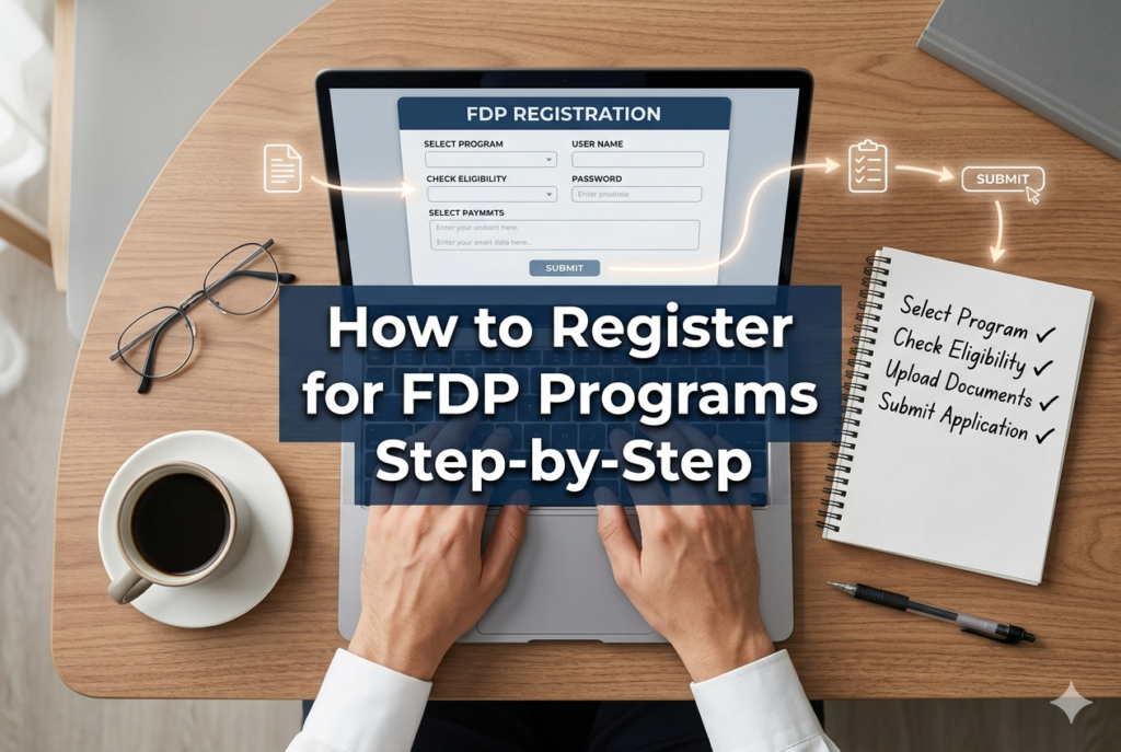 Step-by-step FDP program registration process with laptop, checklist, and workspace setup