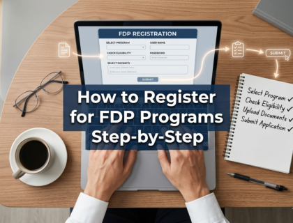 Step-by-step FDP program registration process with laptop, checklist, and workspace setup