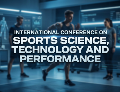 International Conference on Sports Science Technology and Performance virtual conference banner showing athletes, wearable devices, and performance analytics