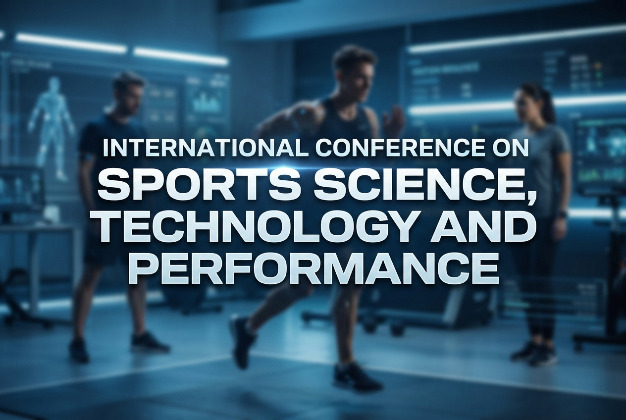 International Conference on Sports Science Technology and Performance virtual conference banner showing athletes, wearable devices, and performance analytics
