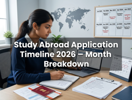 Student planning study abroad application timeline 2026 with laptop, documents, and calendar for global university admissions