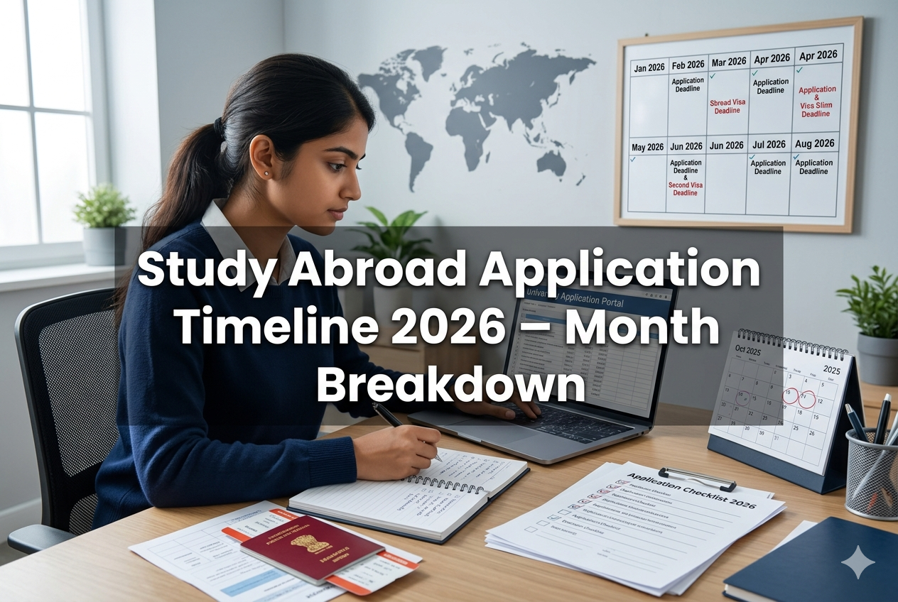 Student planning study abroad application timeline 2026 with laptop, documents, and calendar for global university admissions