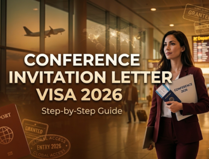 Conference invitation letter visa 2026 banner with airport, passport, and global travel elements