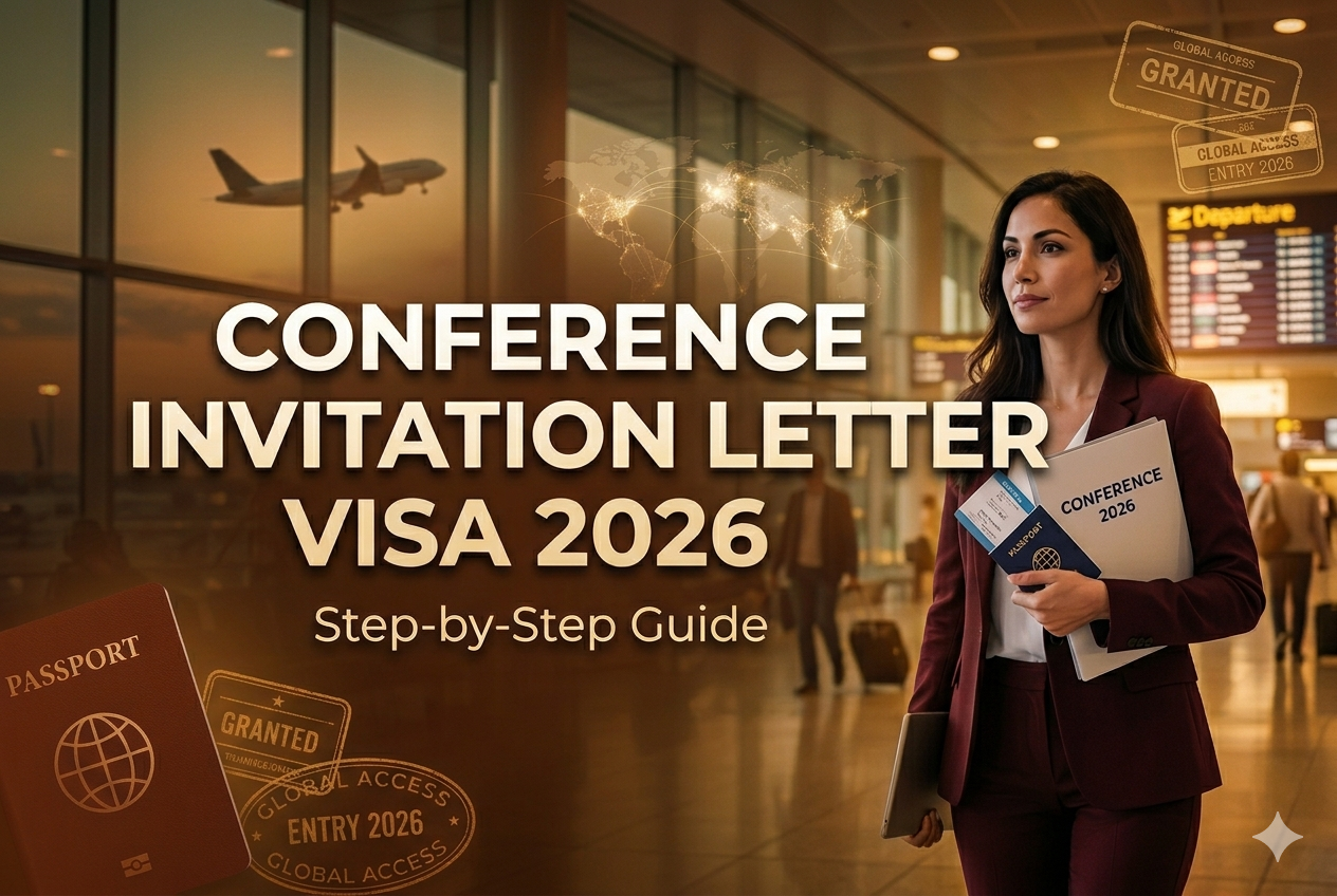 Conference invitation letter visa 2026 banner with airport, passport, and global travel elements