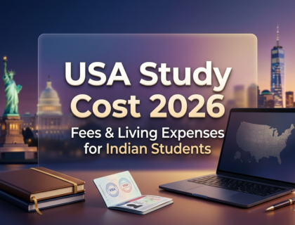 USA study cost 2026 banner with modern gradient background, skyline, and student study elements