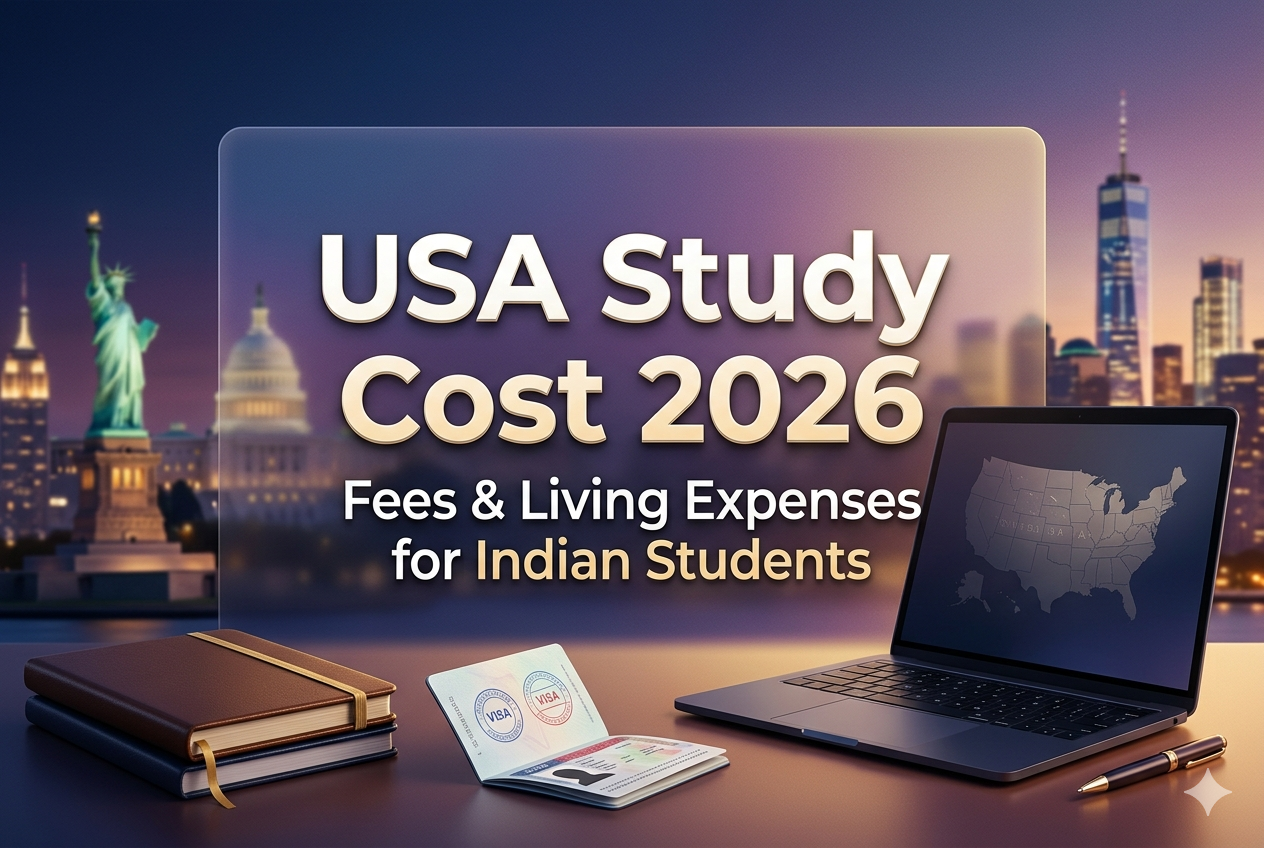 USA study cost 2026 banner with modern gradient background, skyline, and student study elements