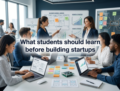 Students and mentor collaborating in a modern startup workspace, planning business ideas, analyzing strategy charts, and building startup concepts on laptops in a professional innovation lab