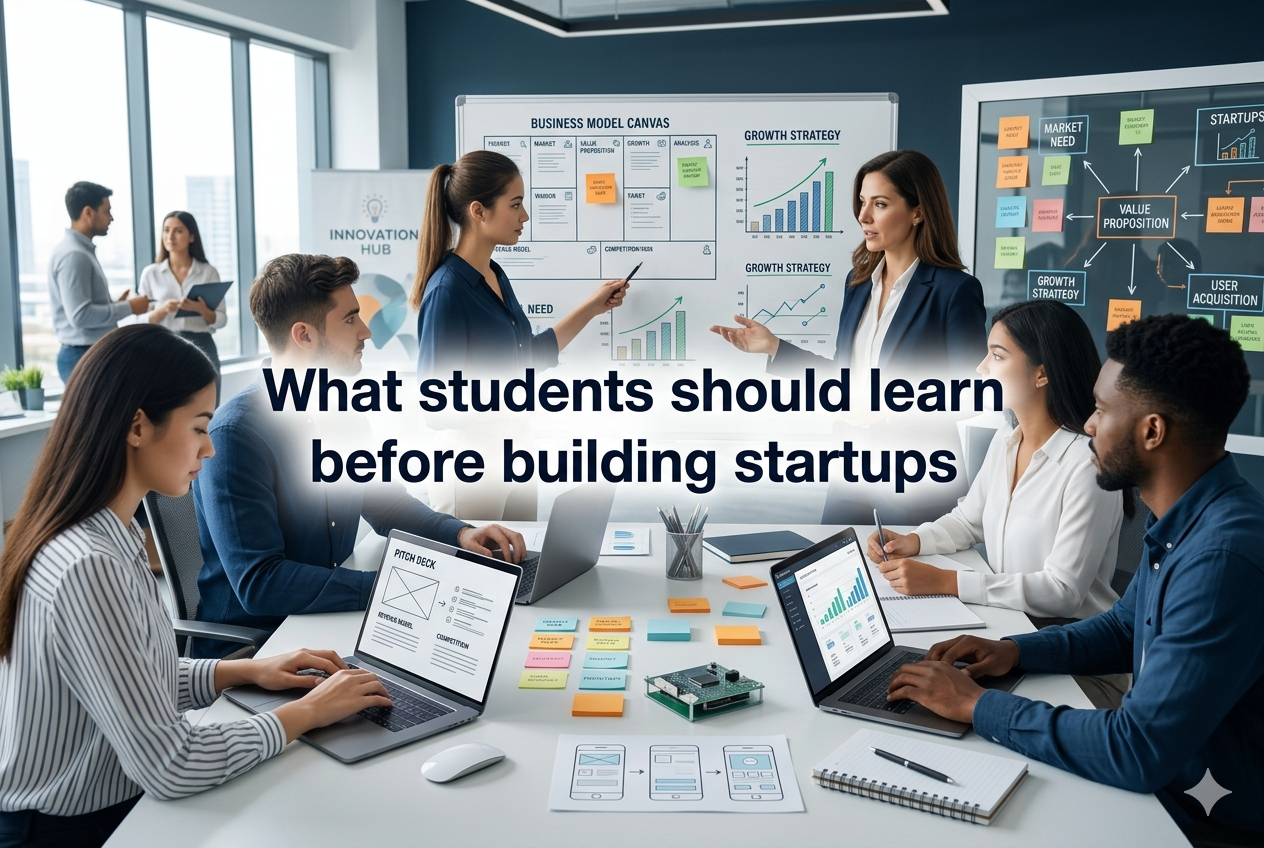 Students and mentor collaborating in a modern startup workspace, planning business ideas, analyzing strategy charts, and building startup concepts on laptops in a professional innovation lab