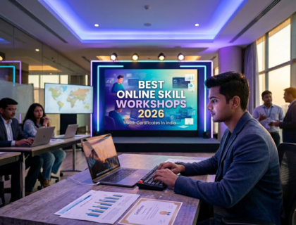 Online skill workshops students 2026 banner showing student learning on laptop with digital skills and certificate theme