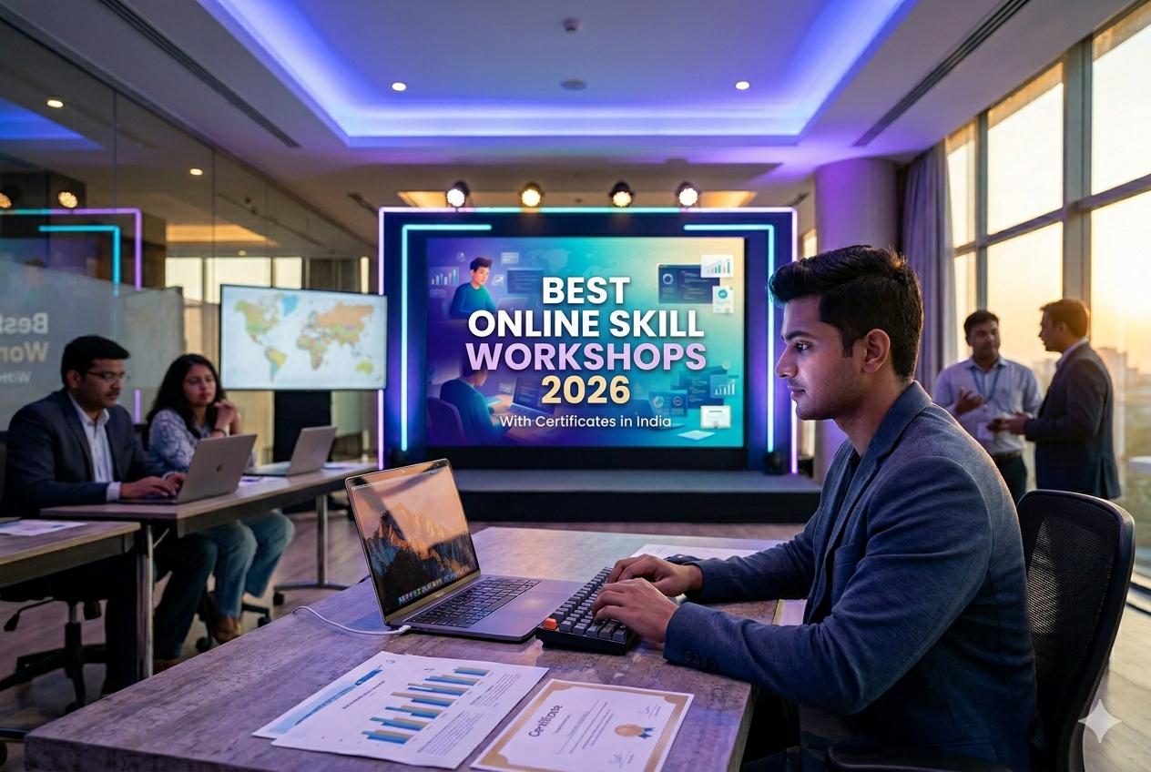 Online skill workshops students 2026 banner showing student learning on laptop with digital skills and certificate theme