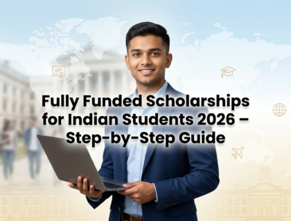 Single Indian student with laptop on orange background representing fully funded scholarships for Indian students 2026 guide