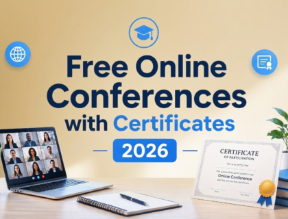 Free online conferences with certificates 2026 banner showing virtual learning and certification concept