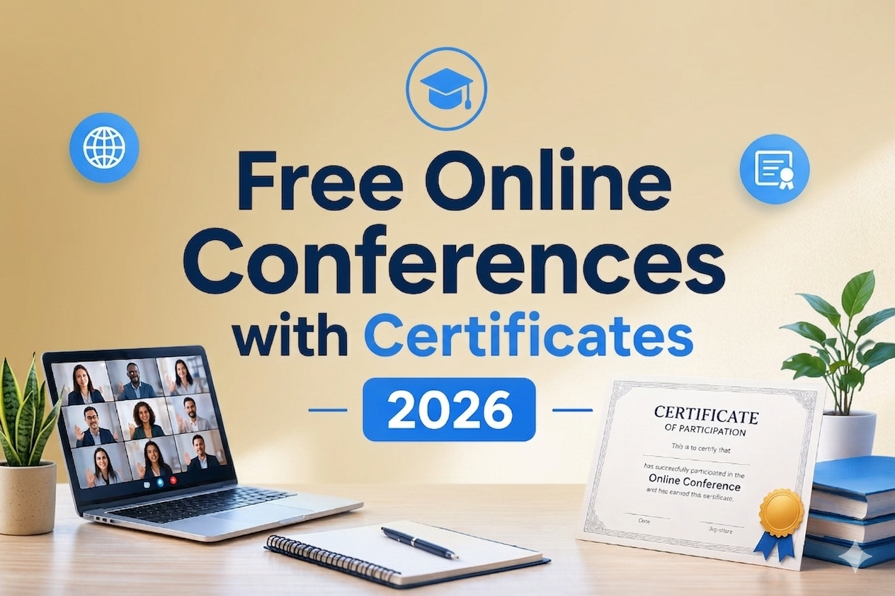 Free online conferences with certificates 2026 banner showing virtual learning and certification concept