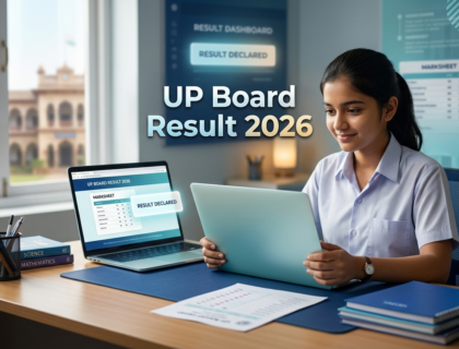 Indian student checking UP Board result 2026 on laptop at study desk showing anticipation and exam result moment