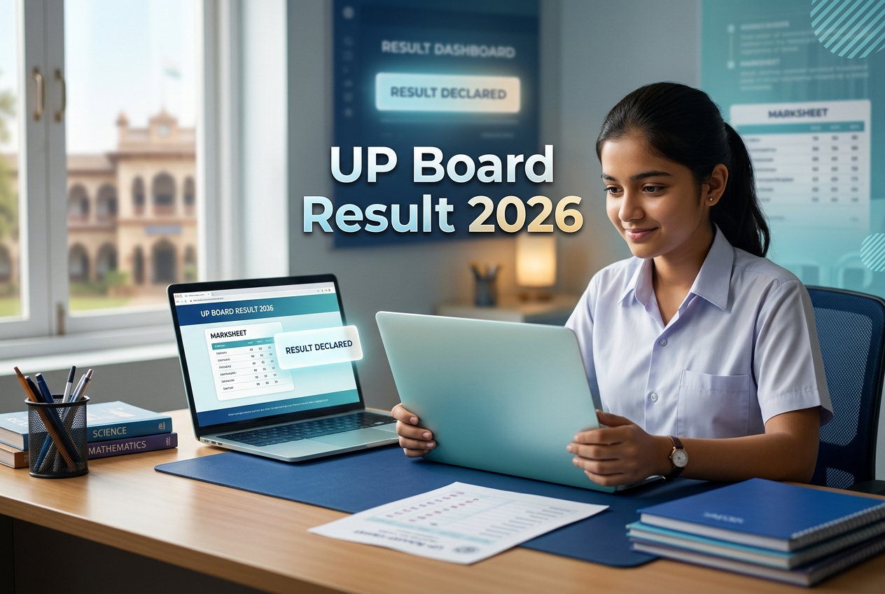 Indian student checking UP Board result 2026 on laptop at study desk showing anticipation and exam result moment