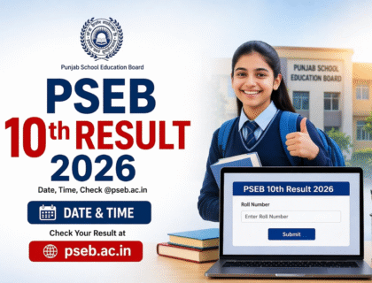 PSEB 10th Result 2026 check online at pseb.ac.in with student using laptop and Punjab School Education Board background