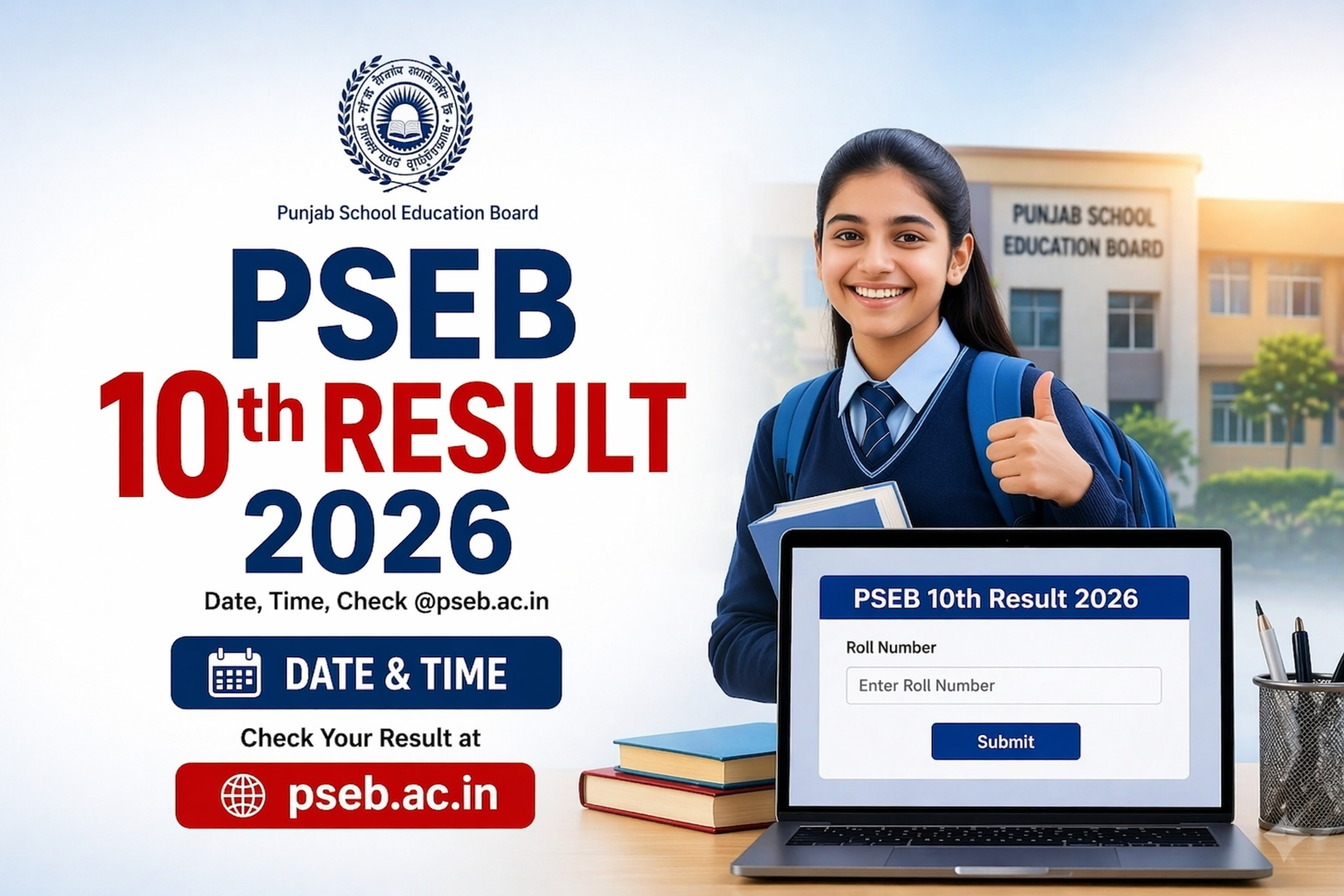 PSEB 10th Result 2026 check online at pseb.ac.in with student using laptop and Punjab School Education Board background