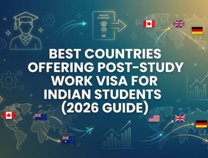 Best countries offering post-study work visa for Indian students with global travel and education illustrations