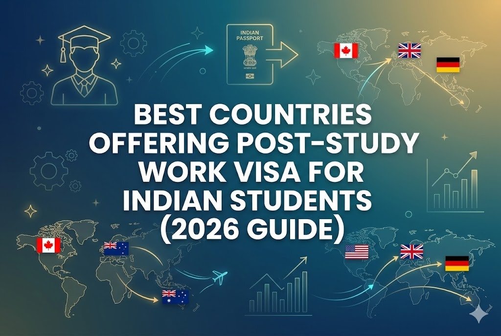 Best countries offering post-study work visa for Indian students with global travel and education illustrations