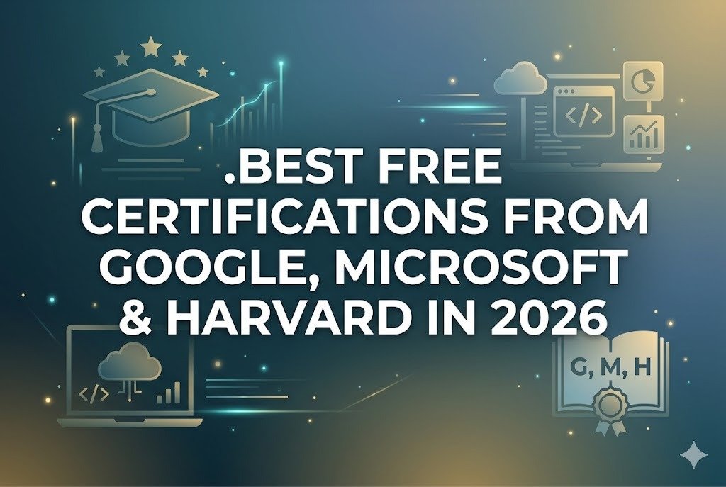 Best free certifications from Google, Microsoft, and Harvard in 2026 with education and certificate illustrations