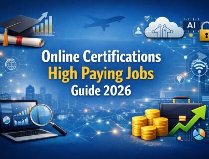 Online certifications for high paying jobs in 2026 with laptop, charts, graduation cap, coins, and AI technology background