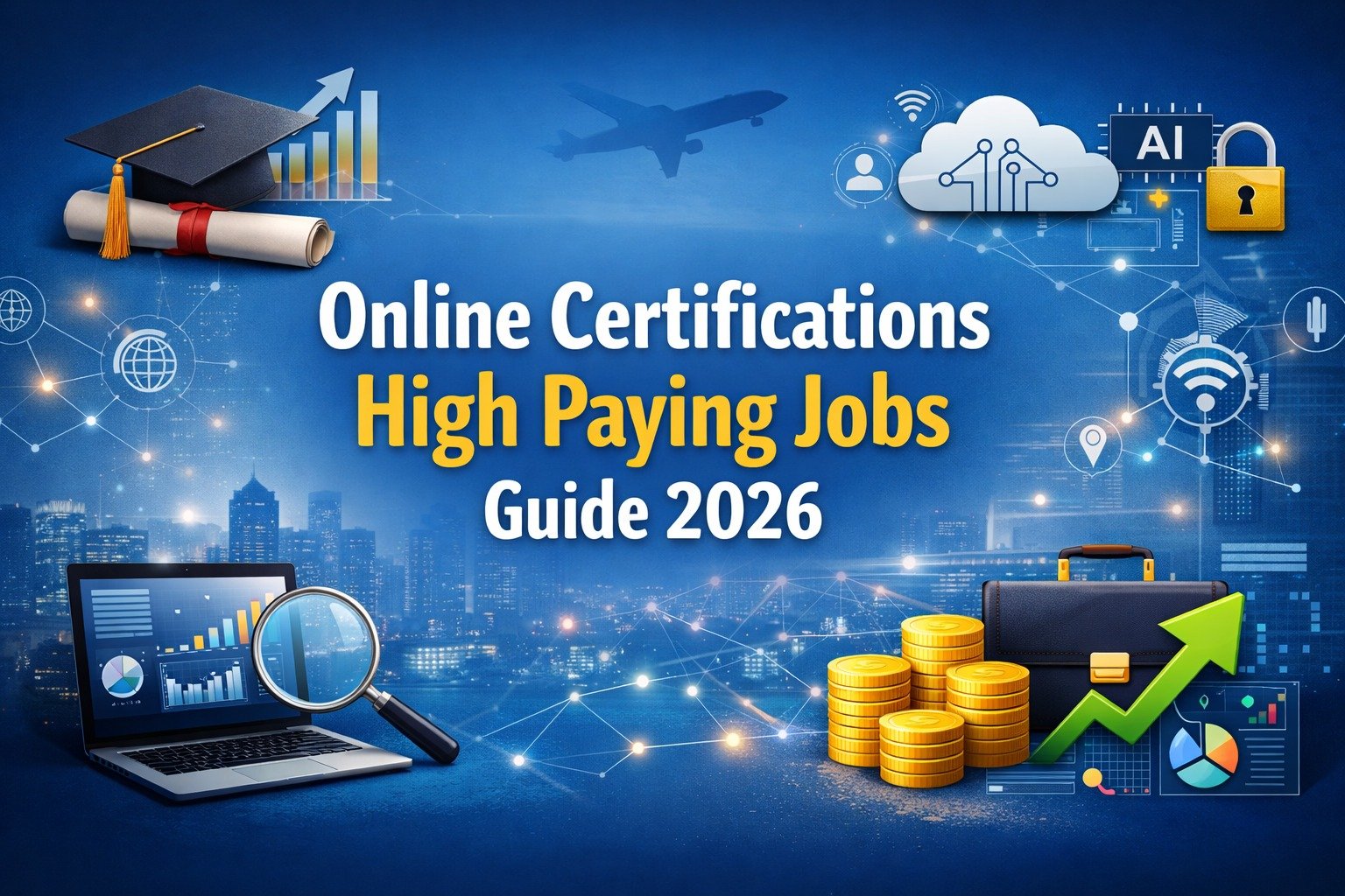 Online certifications for high paying jobs in 2026 with laptop, charts, graduation cap, coins, and AI technology background