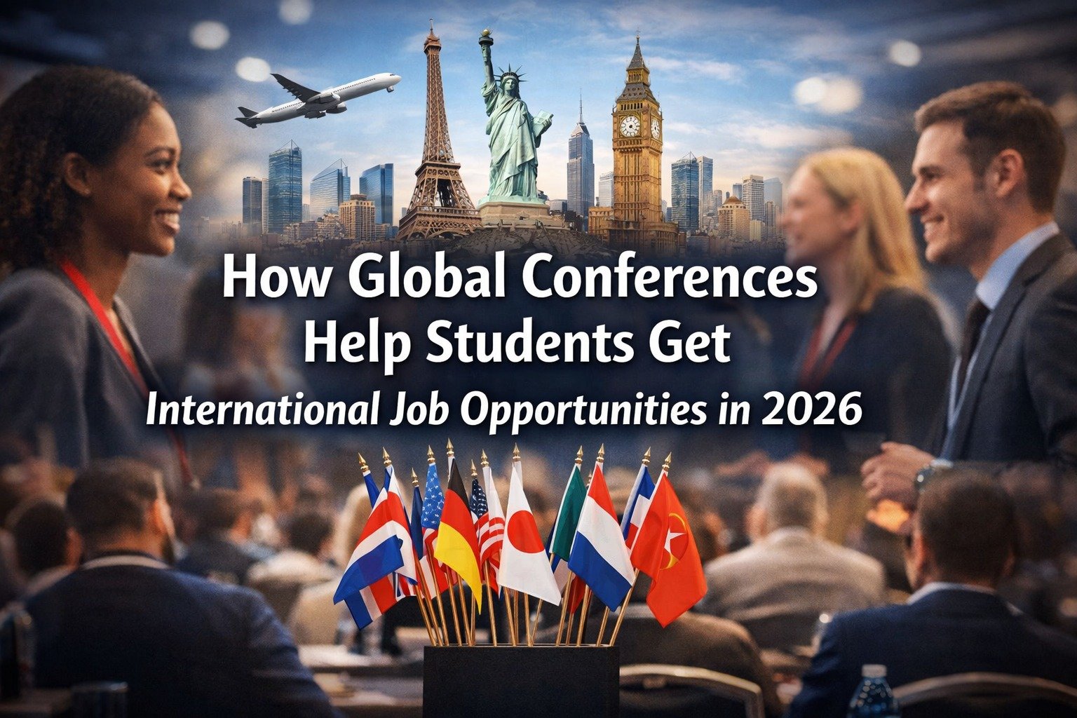 Students attending a global conference, networking with professionals, and exploring international job opportunities