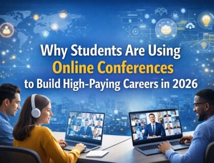 Students attending an online conference on laptops, engaging in virtual networking and learning skills for high paying careers in 2026