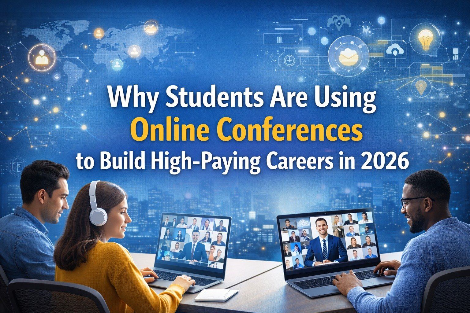 Students attending an online conference on laptops, engaging in virtual networking and learning skills for high paying careers in 2026