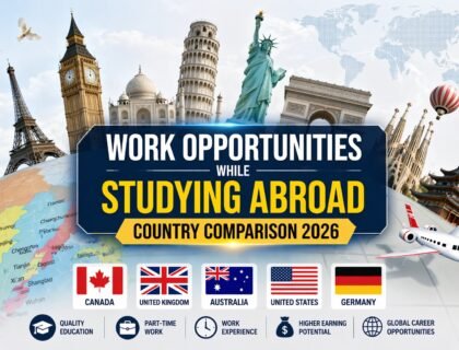 International student working part-time while studying abroad with laptop in a professional campus environment